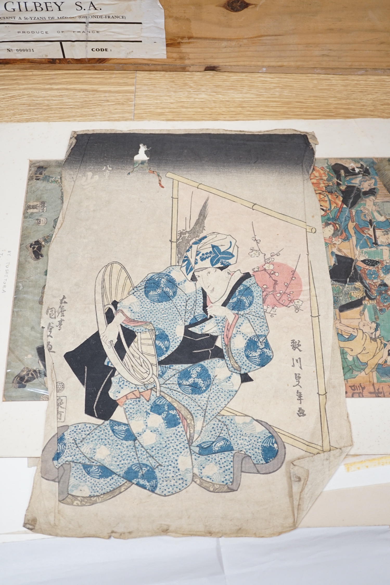 Eight Japanese woodblock prints, Kabuki actors, bijin etc., unframed